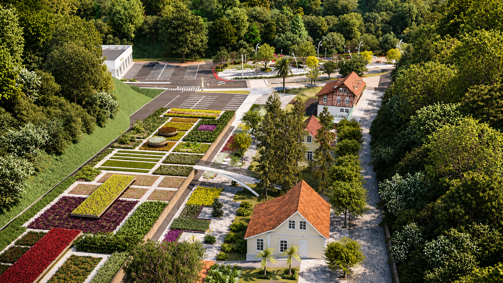 Vista aérea dos jardins e das casas históricas do Master Plan Hering, em Blumenau (SC)