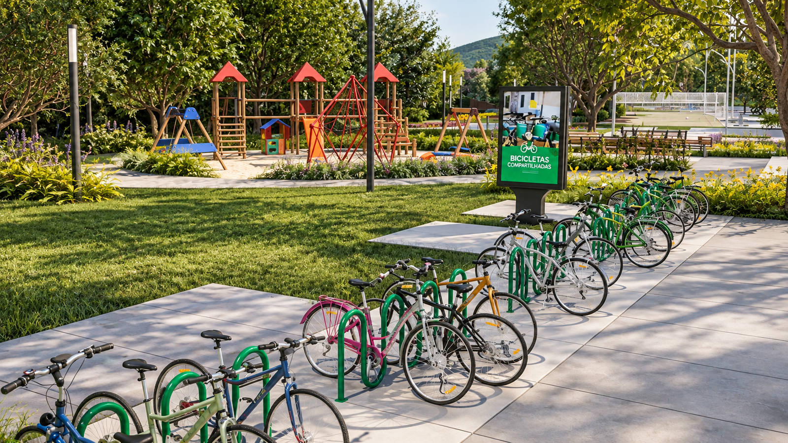 Playground e bicicletário compartilhado do Master Plan Hering, em Blumenau (SC)