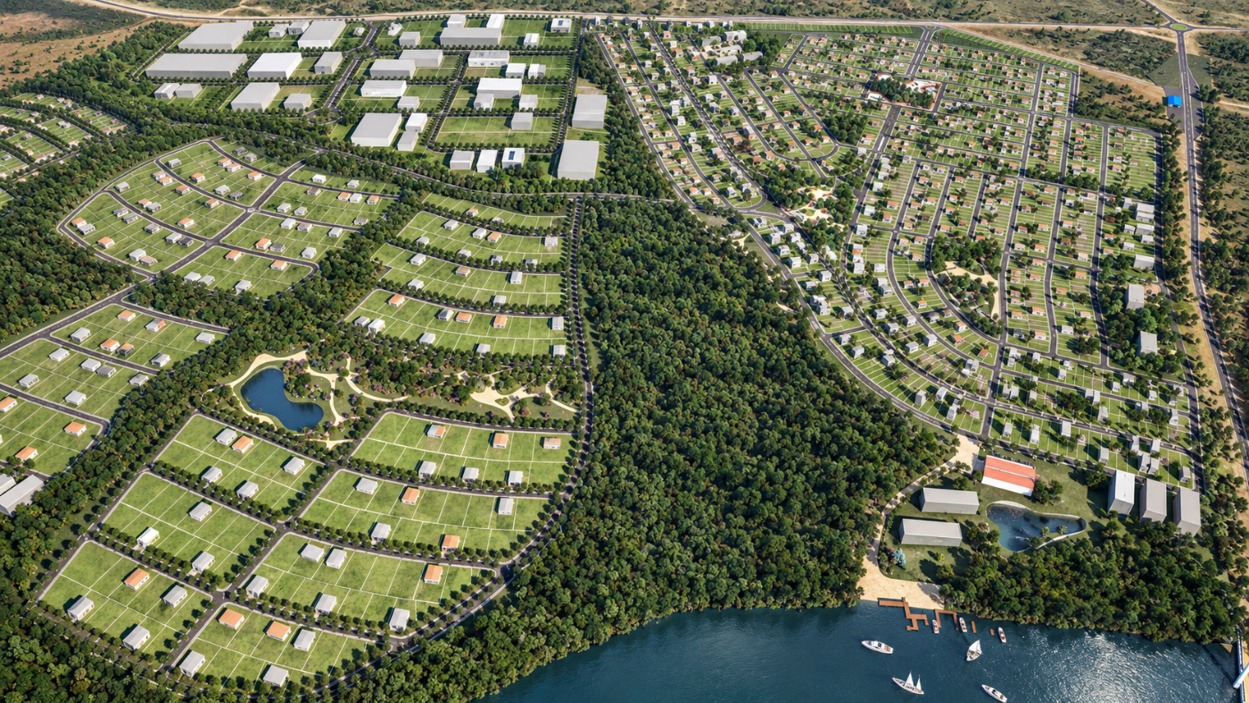 Vista aérea do Masterplan Madras, com as quadras residenciais em leque e a marina no rio Araguaia, em Pontal do Araguaia (MT)
