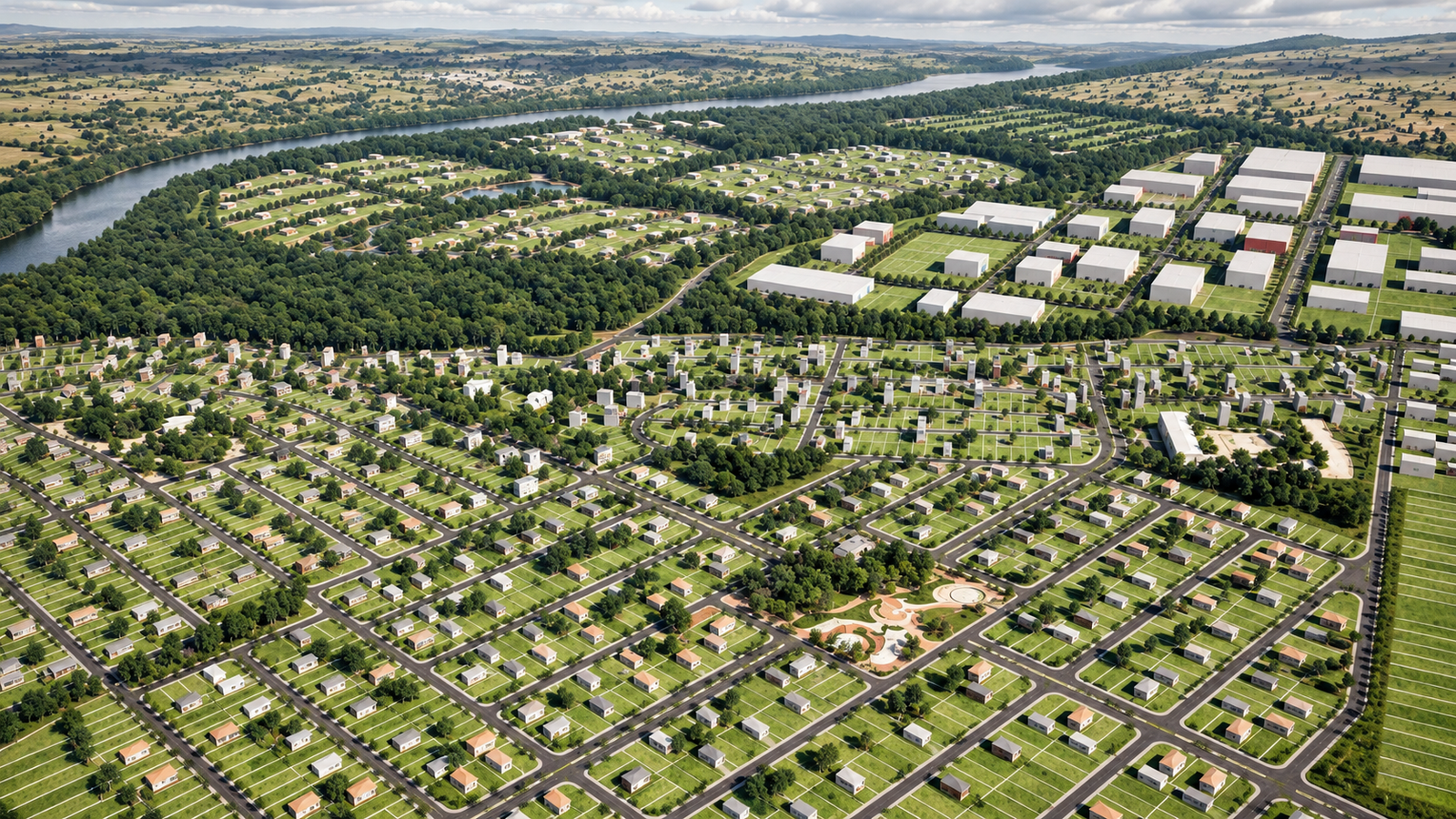 Vista aérea do Masterplan Madras com o loteamento residencial adensado, o rio Araguaia ao fundo e o setor logístico à direita, em Pontal do Araguaia (MT)