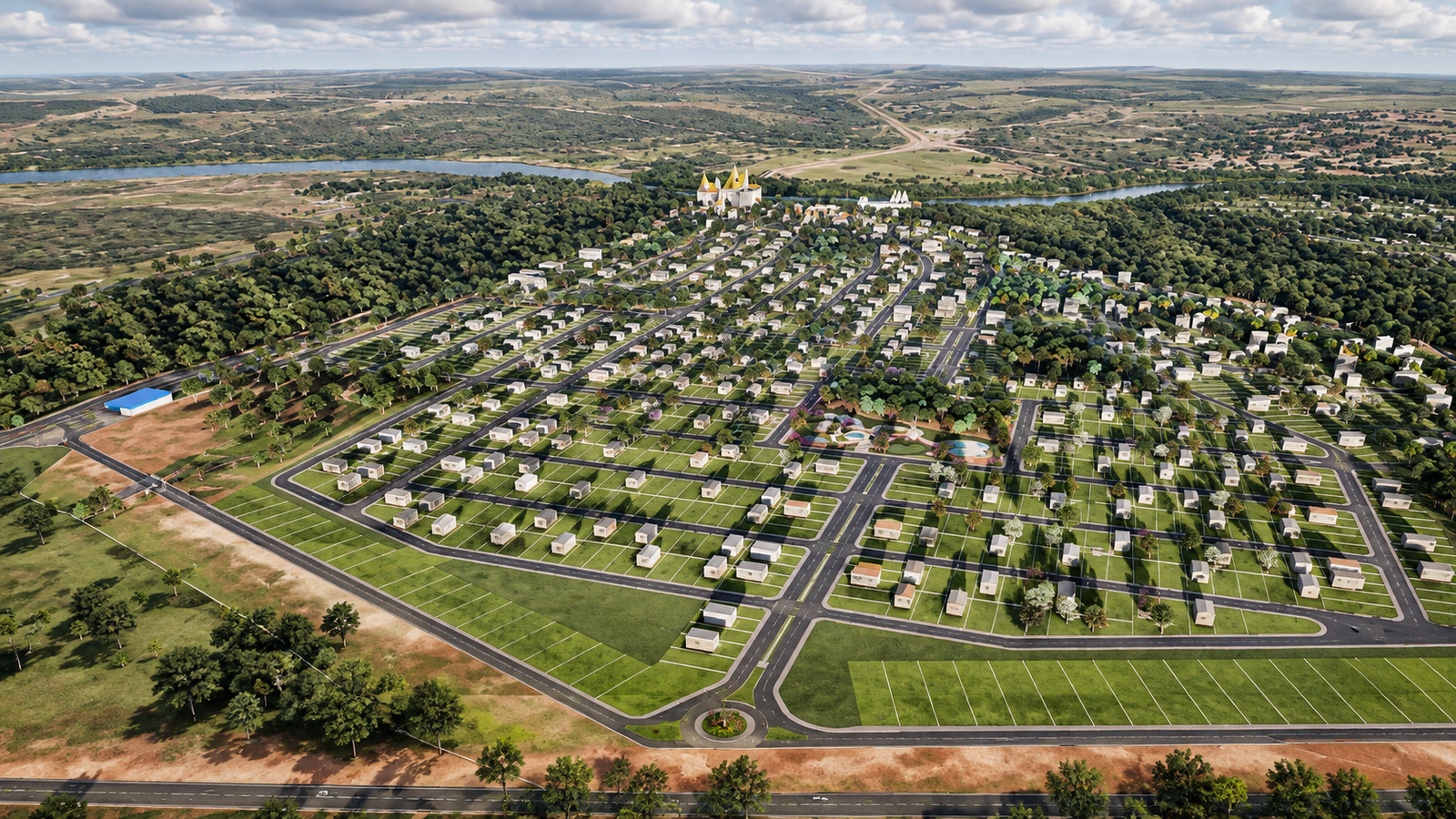 Vista aérea do loteamento residencial do Masterplan Madras, com parque aquático e os lagos ao fundo, em Pontal do Araguaia (MT)