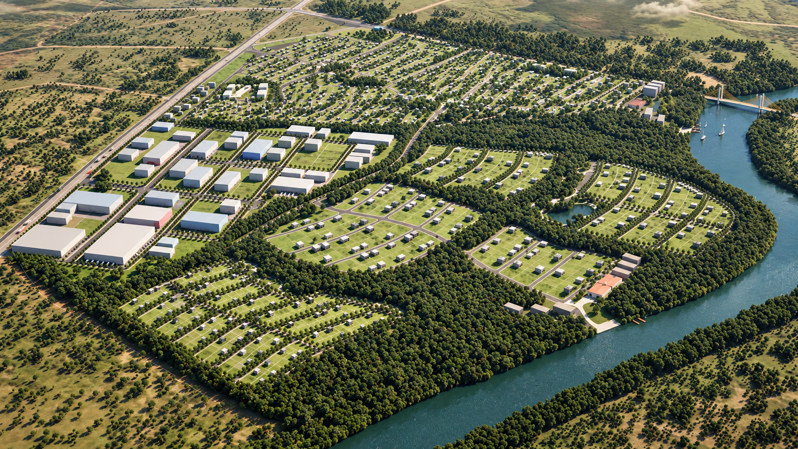 Vista aérea geral do Masterplan Madras: curva do rio Araguaia à direita, setor industrial à esquerda e as quadras residenciais em leque, em Pontal do Araguaia (MT)